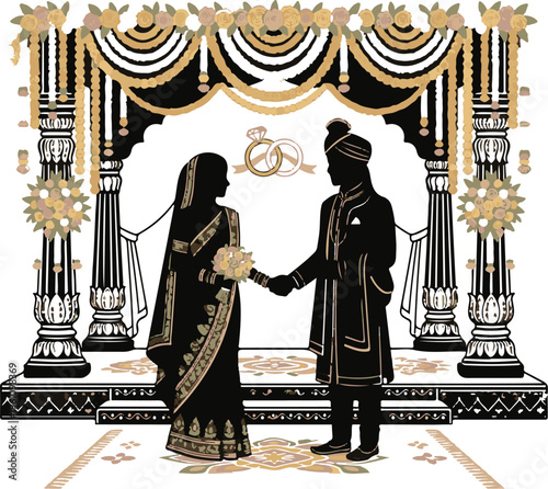 Traditional Indian wedding ceremony illustration with couple silhouette and floral mandap decoration