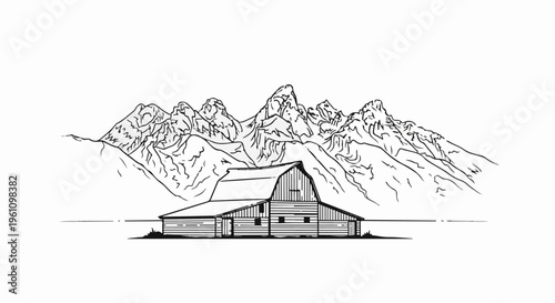 Rustic wooden barn nestled against a dramatic mountain range, outlined in black