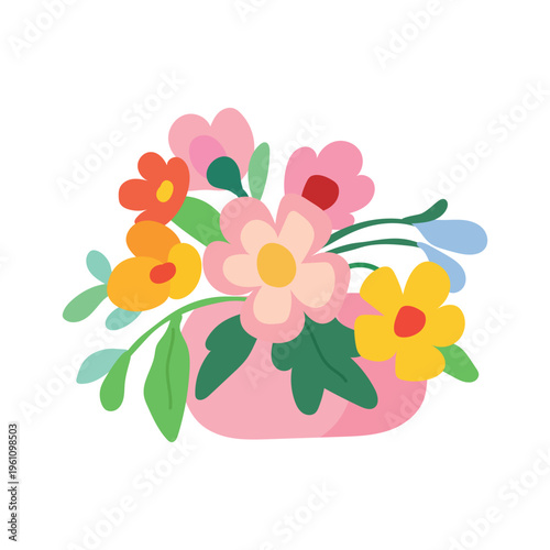 Pink ceramic jug with cute dopamine spring flowers bouquet