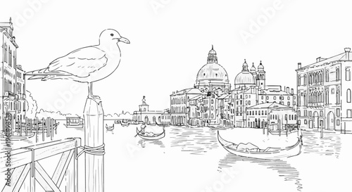 Seagull perches on post overlooking Venetian canal with gondolas