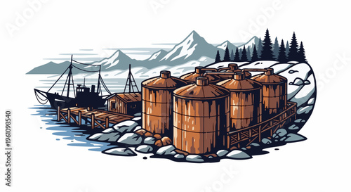 Rustic industrial tanks and a boat dock in a snowy, mountainous landscape