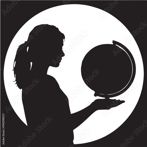 Silhouette profile of a woman with a globe as a head vector illustration symbol of person beauty and design