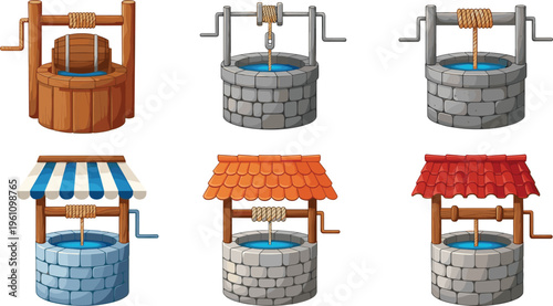Collection of Water Well Vector Illustrations with Stone and Wood Details Including Roofed Medieval Styles Isolated on White Background for Design