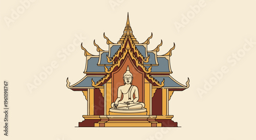 Serene Buddha statue seated in a decorative, multi-tiered temple structure