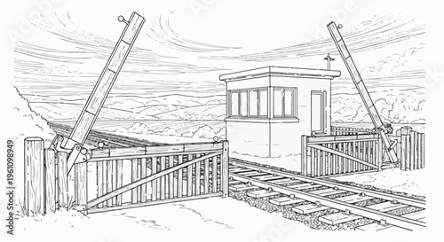 Rural railroad crossing with gatehouse and open crossing barriers