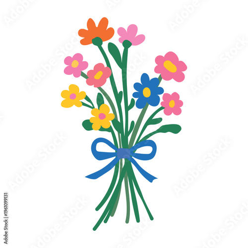 Hand tied floral dopamine bouquet with blue ribbon bow vector