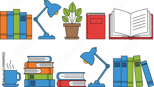 Flat vector illustration of organized study workspace with colorful books stack desk lamp potted plant open book and coffee cup
