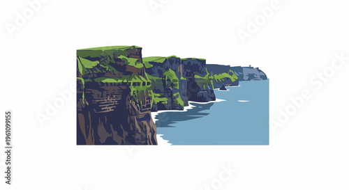 Rugged green cliffs meet the blue ocean with white waves