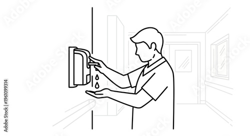 Man using hand sanitizer dispenser.