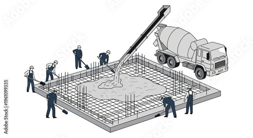 Isometric Construction Illustration showing Workers Pouring Concrete Foundation with Cement Mixer Truck and Rebar Reinforcement