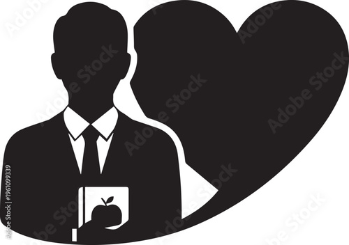 Teacher silhouette vector illustration, educator with book and apple for appreciation