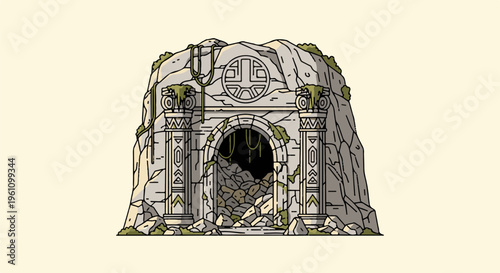 Ruined ancient stone entrance carved into a rocky mountainside, overgrown