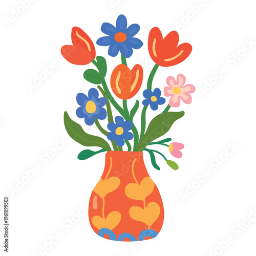 Orange patterned dopamine vase with bright spring flowers flat art