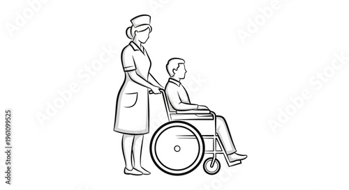 Nurse helping disabled patient in wheelchair.