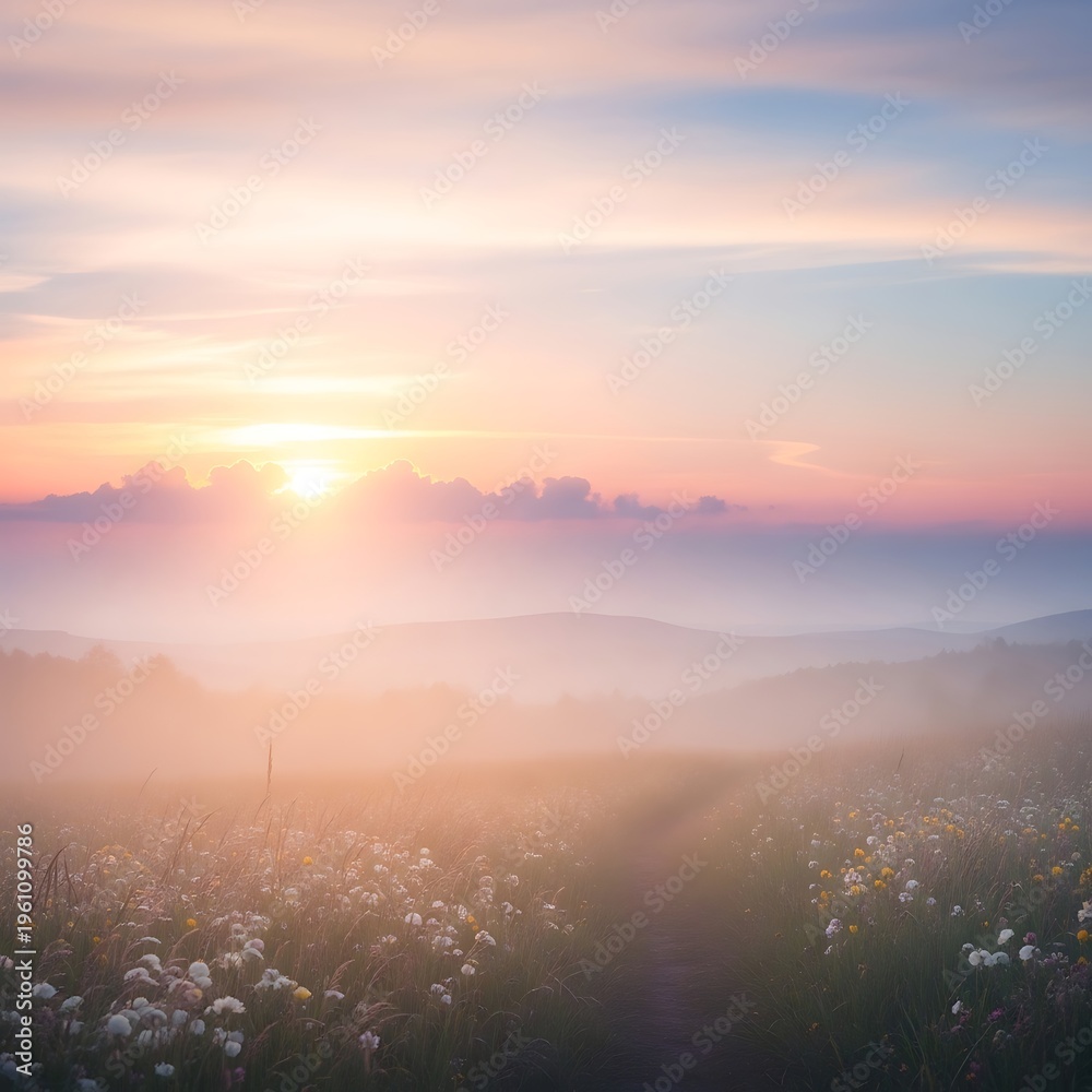Fototapeta premium Sunrise over a misty field of wildflowers with a path leading through rolling hills