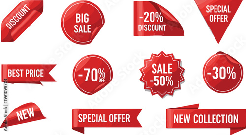 Red Sale Badge Collection with Discount Labels, Special Offer Stickers, and Promotional Tags for Shopping, Marketing, and E Commerce Design