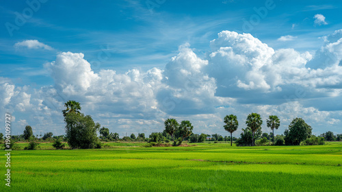 Lush green rice field with palm trees under blue sky