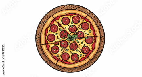 Round pepperoni pizza with basil on a wooden board, sliced
