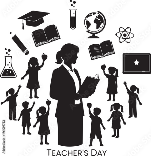 Teacher's day silhouette illustration with students and school elements vector