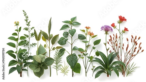 Botanical illustration of diverse green leafy plants and wildflowers on white background for design and wellness
