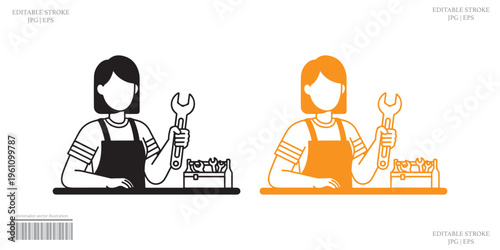 Female Mechanic Icon Set Line Art Black Orange Woman Holding Wrench Workshop Illustration