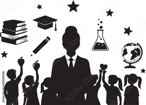 Teacher with happy children, books, graduation cap, globe, pencil, science flask, vector illustration