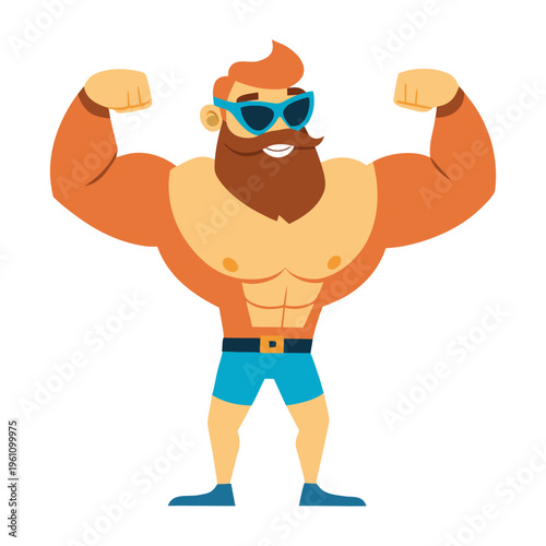 Muscle Man Cartoon Vector Illustration with Sunglasses and Swimsuit Showing Big Biceps – Funny Bodybuilder Character Clipart Line Art Design for Print