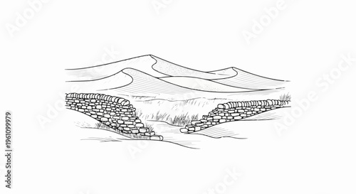 Rough stone walls framing a view of rolling dunes and sparse vegetation