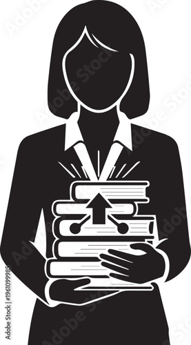 Woman holding stack of books vector silhouette illustration line art
