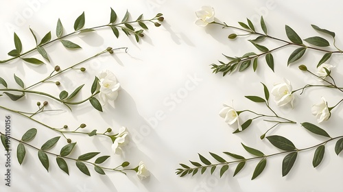 Elegant white floral garland with green leaves on minimalist white background for wedding or event decor