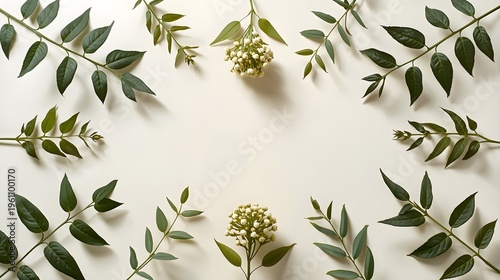 Fresh green eucalyptus and baby's breath sprigs on white marble background minimalist decor
