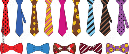 Set of necktie and bowtie icons cad drawing flat vector illustration colorful necktie accessory symbols with various patterns and designs