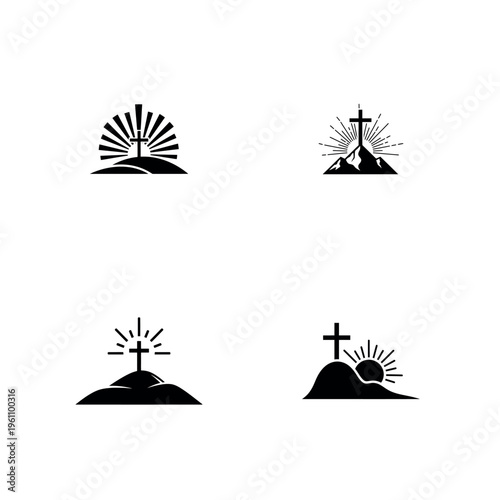 Christian Cross on Hill and Sunrise Silhouette Vector Icon Set