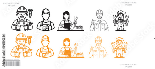 Construction Worker Icons Set Line Art Orange Black Builder Helmet Safety Illustration