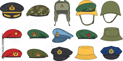 Vector illustration set of various military headwear including berets, peaked caps, helmets, and ushanka isolated on a white background.