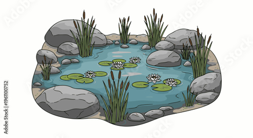 Serene pond with lily pads, white water lilies, and reeds