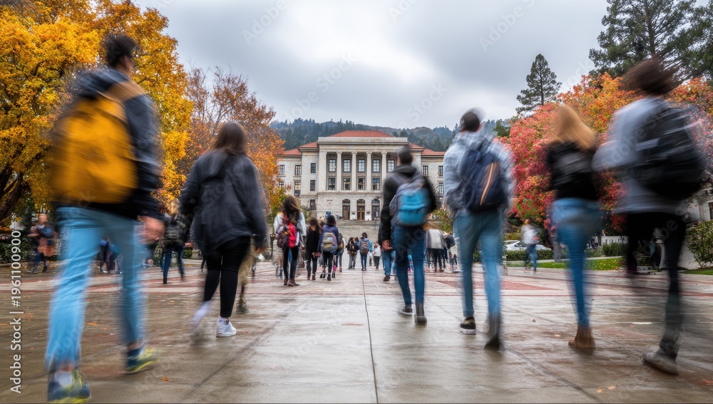 Obraz premium Motion blurred students walking towards grand building amidst autumn foliage