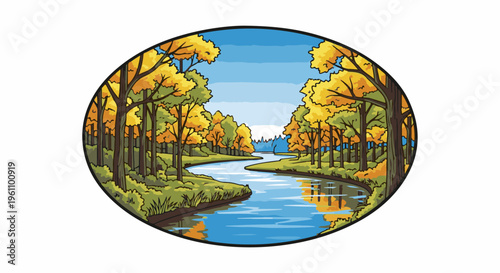Serene river flows through an autumn forest landscape