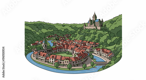 Riverside town nestled in a green valley with a castle on the hill