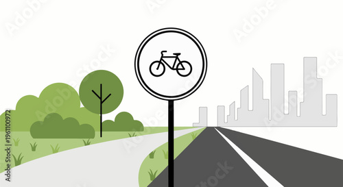 Road leading to city with bike path and green space