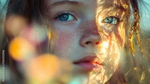 A girl with bright eyes gazes thoughtfully through soft sunlight and vibrant flowers, capturing a moment of serene beauty.