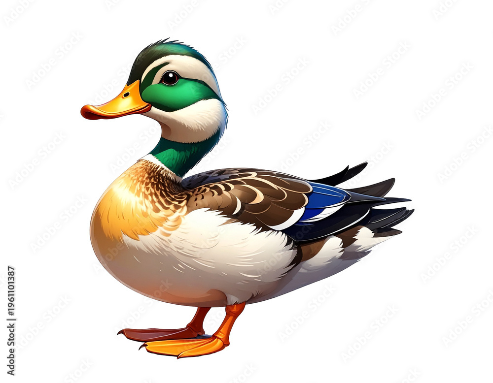 Obraz premium Cartoon mallard duck illustration with bright green head and vibrant feathers