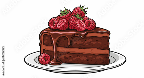 Rich chocolate cake slice layered with cream, topped with raspberries and chocolate drizzle
