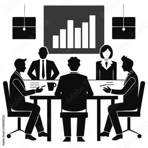 Business team meeting around a table presenting statistical data in black and white