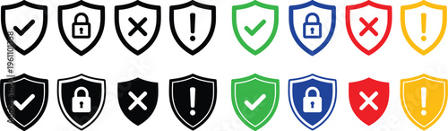 Shield icons with checkmarks locks and exclamation marks in various colors