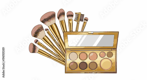 Set of makeup brushes and a golden cosmetic palette with various shades of powder