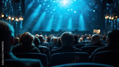 Audience watches a vibrant stage show with bright, blue spotlights overhead