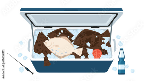 Blue portable cooler box packed with fresh whole fish and ice cubes for preservation during a fishing trip or vacation.