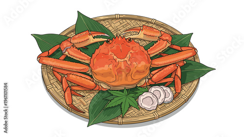 Exquisite large cooked red crab served on a traditional bamboo platter with green leaves and garnishes for a gourmet meal.