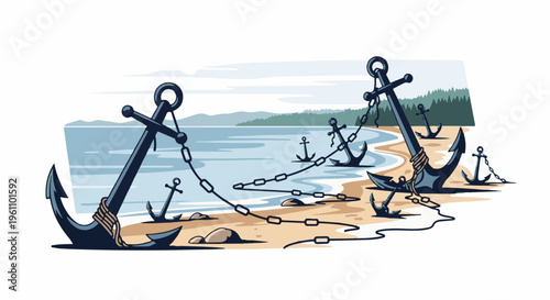 Several anchors are scattered on a sandy beach with a calm ocean